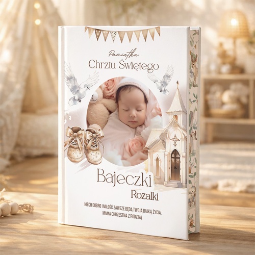 Książka z bajkami i barwionymi brzegami. Na okładce zdjęcie dziecka.