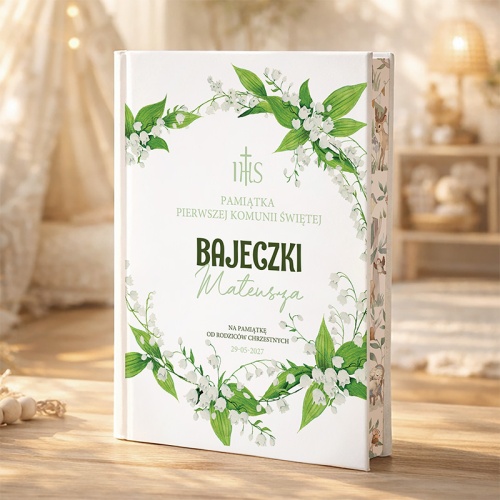 Książka z bajkami i grafiką konwalii. Prezent na Komunię dziecka.