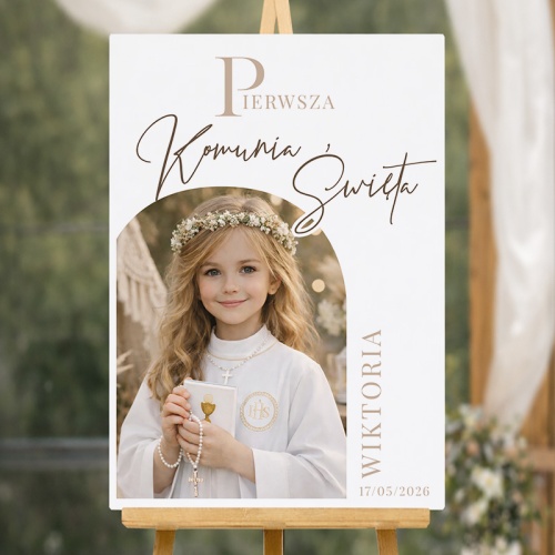 Plakat komunijny ze zdjęciem dziecka. Personalizowana dekoracja na Komunię.
