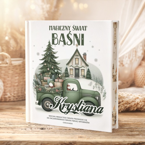 Personalizowana książka z bajkami z zielonym samochodem i choinką