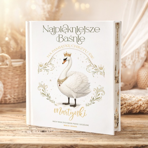 Personalizowana książka z baśniami na prezent z okazji Chrztu. Grafika przedstawia łabędzia.