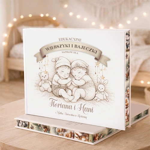 Książka z bajkami na prezent z okazji narodzin bliźniaków. Personalizowana okładka książki.