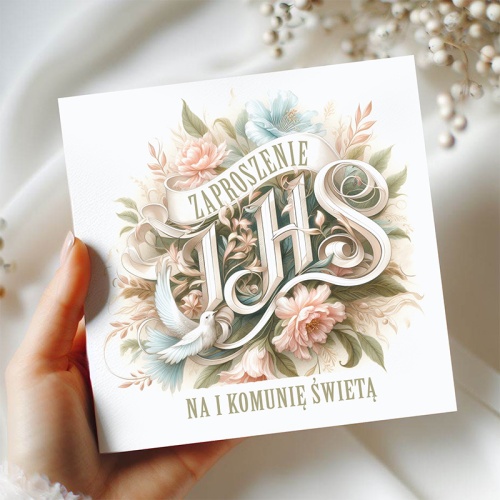 Eleganckie zaproszenie na Pierwszą Komunię Świętą z motywem IHS