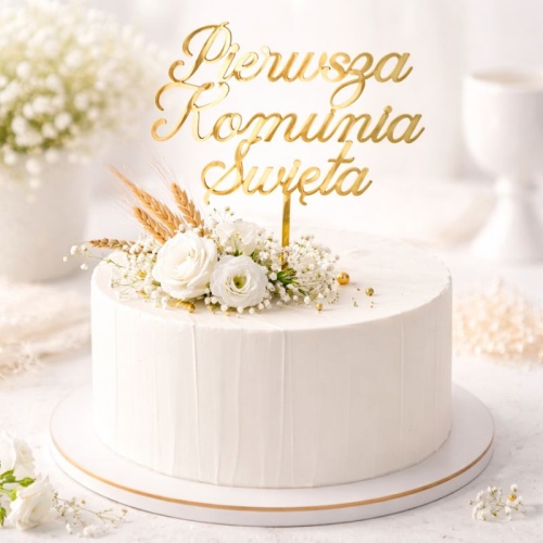 Topper akrylowy w złotym kolorze w postaci napisu Pierwsza Komunia Święta.