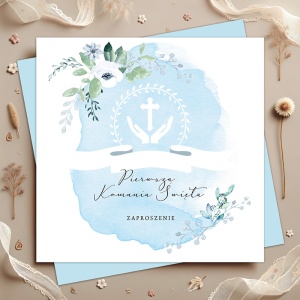 ZAPROSZENIA uniwersalne na Komunię Błękitne Gałązki 10szt