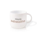 Plastikowy biały kubek z napisem babyccino. Personalizacji podlega imię dziecka.