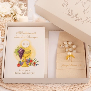 Gotowy ZESTAW Pamiątka Komunijna Różaniec Modlitewnik Koperta