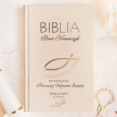 Biblia personalizowana z dedykacją na okładce. Prezent na Komunię.