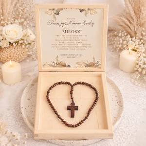 PAMIĄTKA I Komunii św. Drewniany Różaniec w Pudełku