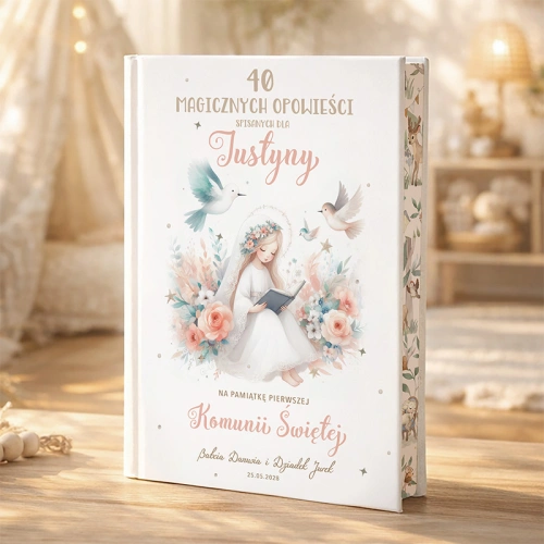 Bajki z dedykacją na okładce. Prezent komunijny dla dziewczynki. Książka z barwionymi brzegami.
