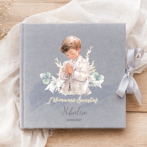 Welurowy ALBUM Komunijny ze wstążkami Dla Chłopca Pamiątka Komunii Św.
