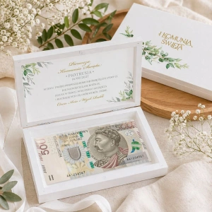 Personalizowane PUDEŁKO Drewniane na Pieniądze Prezent Komunijny
