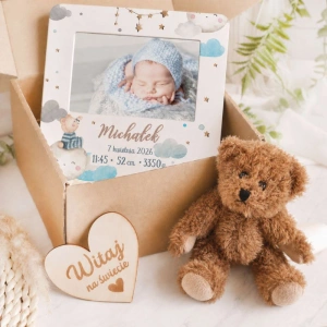 ZESTAW na narodziny Witaj na Świecie Maluszku Pluszowy miś i ramka foto z metryczką