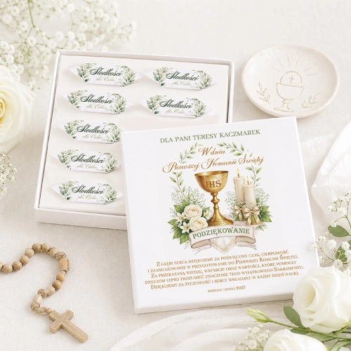 bombonierka z krówkami podziękowanie komunijne dla katechety