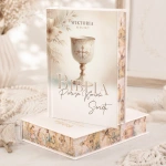 BIBLIA Personalizowana Okładka Pamiątka Komunijna Kielich Boho
