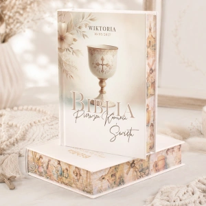 BIBLIA Personalizowana Okładka Pamiątka Komunijna Kielich Boho