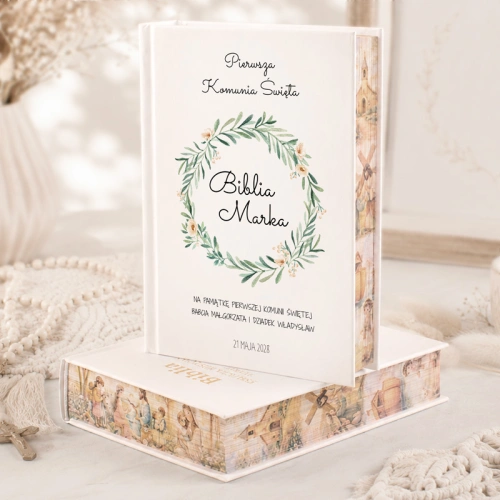 Personalizowana biblia z motywem wianka. Wydanie z kolorowymi brzegami. Prezent komunijny dla dziecka.