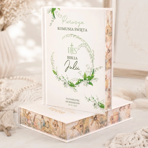 Biblia z motywem konwalii. Wydanie z kolorowymi brzegami.
