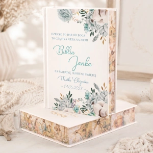 BIBLIA prezent na Komunię z imieniem dziecka BŁĘKITNE KWIATY