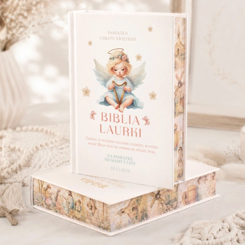 Biblia na chrzest świety aniołek barwione brzegi