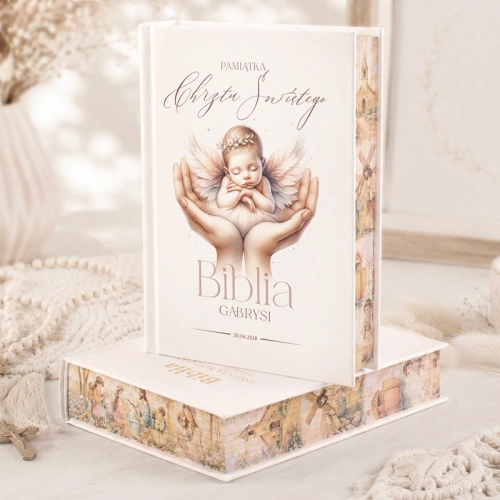Religijny prezent na Chrzest święty biblia z motywem aniołka