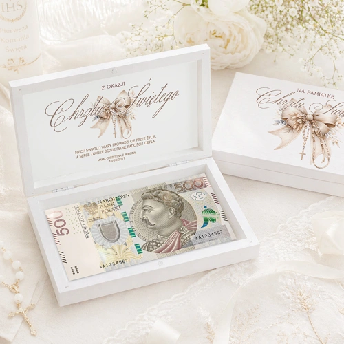 Personalizowane pudełko na pieniądze na Chrzest Święty dziewczynki.