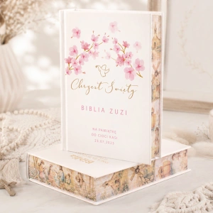 BIBLIA prezent na Chrzest z personalizacją RÓŻOWE MAGNOLIE