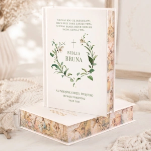 BIBLIA prezent na Chrzest Św. DELIKATNE LILIE personalizowana