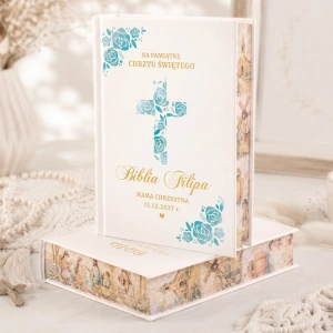 BIBLIA prezent na Chrzest Św. z imieniem niebieskie kwiaty