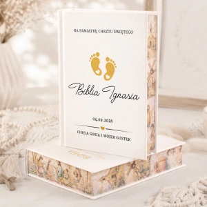 BIBLIA prezent na Chrzest z imieniem dziecka Małe Stópki
