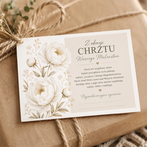 Bilecik do prezentu na Chrzest Święty z elegancką grafiką kwiatową.