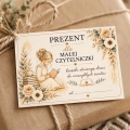 Bilecik do prezentu dla małej czytelniczki z motywem książek i kwiatów.