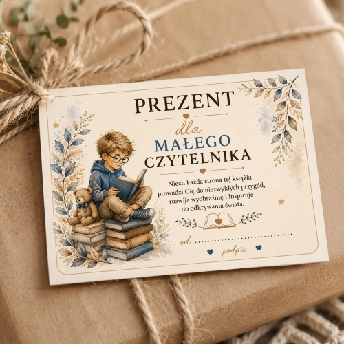 Bilecik do prezentu z motywem młodego czytelnika.