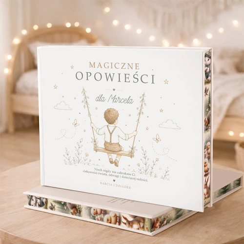 Bajki i Wiersze Personalizowana KSIĄŻKA dla Chłopca w twardej oprawie ze zdobionymi brzegami.