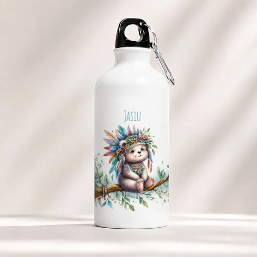 Personalizowany bidon z imieniem i grafiką misia w przebraniu indianina.