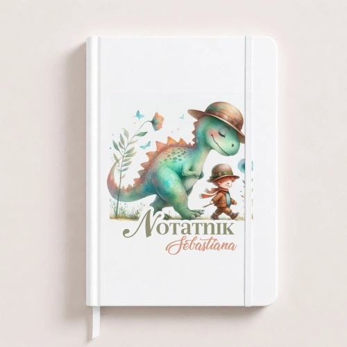 Prezent w formie notatnika z personalizacją dla dziecka fana dinozaurów.