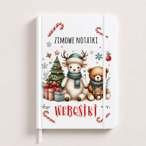 Świąteczny notatnik z grafiką świąteczną i personalizowanym imieniem dziecka.