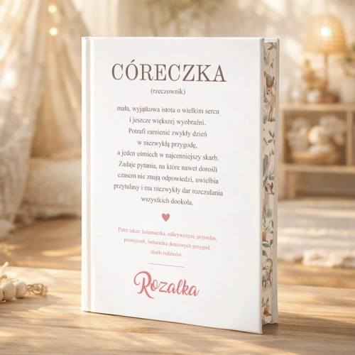 Książka z bajkami z definicją słowa „Córeczka” to personalizowany prezent dla córki z imieniem i kolorowymi brzegami.