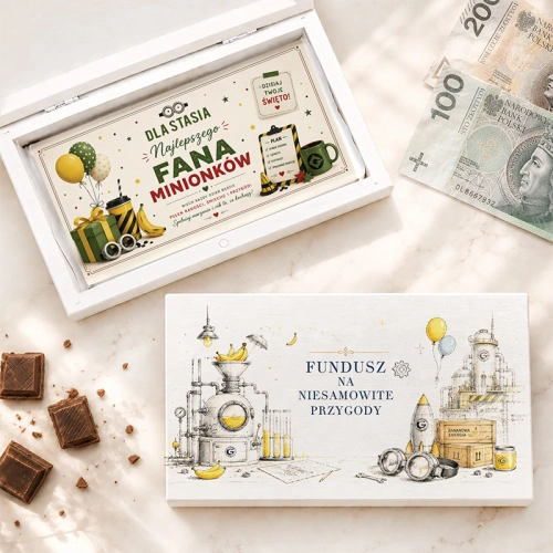 Pudełko na pieniądze z czekoladą dla fana Minionków z personalizowaną grafiką.