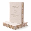 Biblia z imieniem dla dziecka posiada ozdobne, kolorowe brzegi stron z ilustracjami.