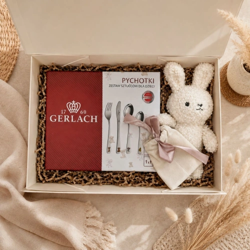 Elegancki zestaw prezentowy ze sztućcami Gerlach z imieniem to wyjątkowy prezent dla niemowlaka na Chrzest lub roczek.