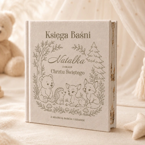 Welurowe Baśnie z kolorowymi brzegami to personalizowana pamiątka Chrztu Świętego dla dziecka.