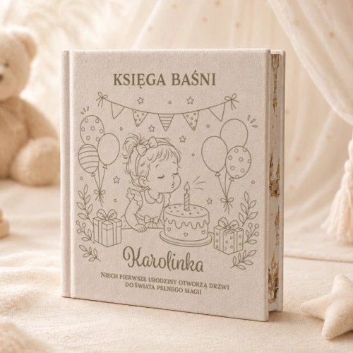 Baśnie w welurowej okładce z imieniem to personalizowany prezent na roczek dla dziewczynki.