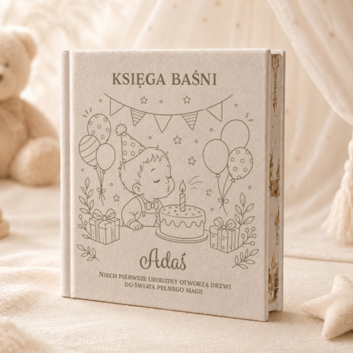 Baśnie w welurowej oprawie z imieniem to personalizowany prezent na roczek dla chłopca.