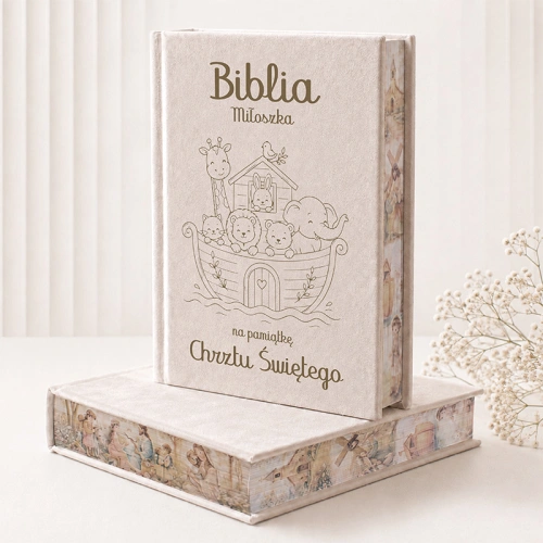 Welurowa Biblia na Chrzest Święty z imieniem i motywem Arki Noego.