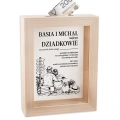 Personalizowana drewniana skarbonka dla Babci i Dziadka z zabawną definicją i miejscem na oszczędności.