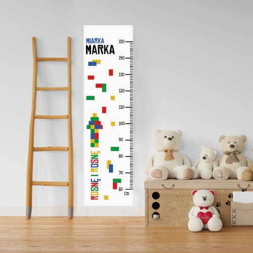 Personalizowana miarka wzrostu dla chłopca z motywem kolorowych klocków LEGO.