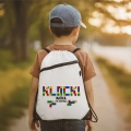Imienny worek na plecy z kolorowym motywem klocków.