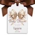 Słodkie podziękowanie dla gości na Baby Shower z ozdobną wstążką.