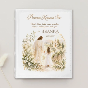 Komunijny ALBUM na Zdjęcia Pamiątka Komunii Świętej Jezus i Dziewczynka